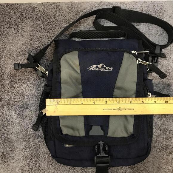Eddie Bauer Messenger Bag Blue /Black Shoulder Strap Pockets Rugged 9x9x3 - Picture 2 of 9